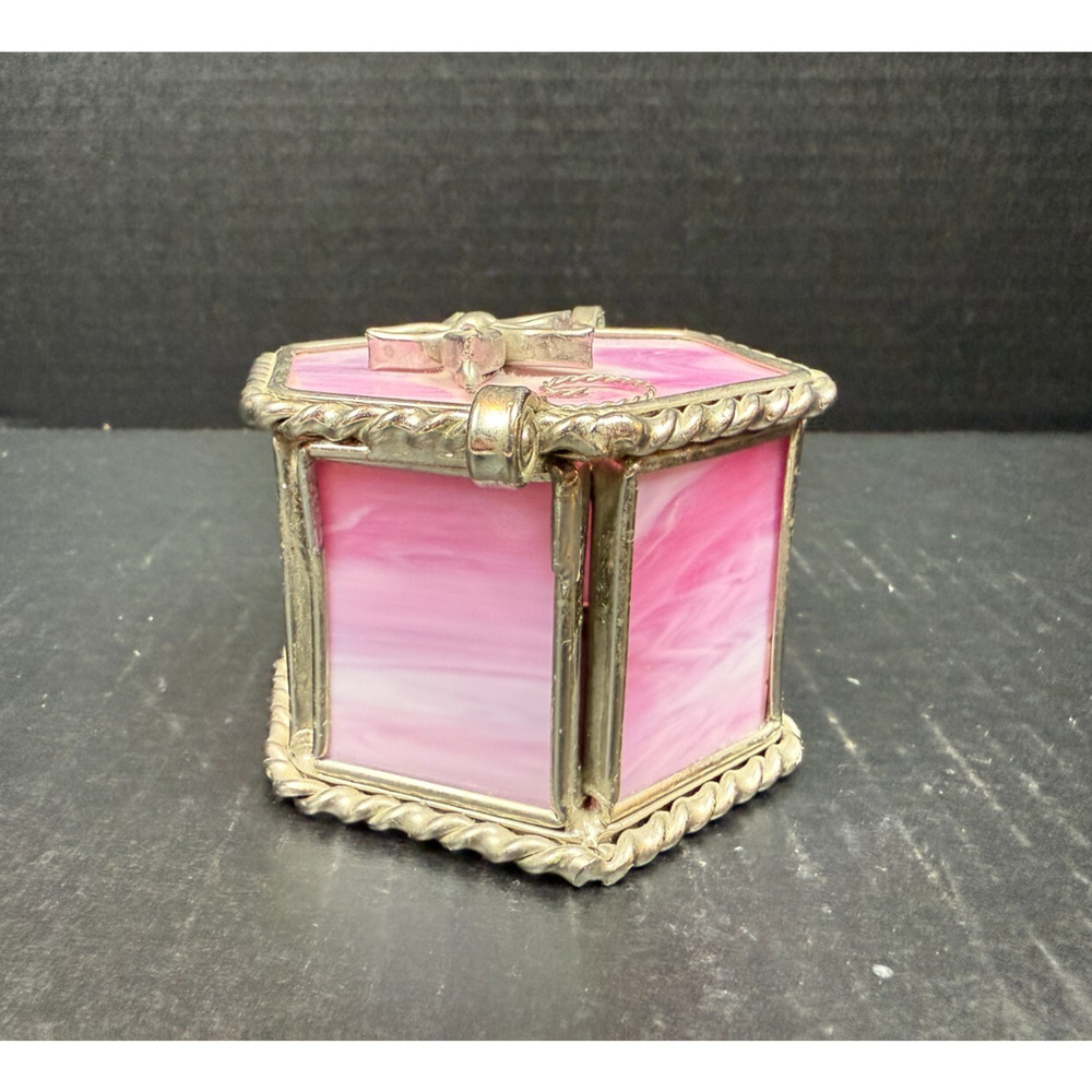 Stained Glass Trinket Box Hexagon Pink Flower Star Top Etched Glass Bottom - Picture 4 of 10